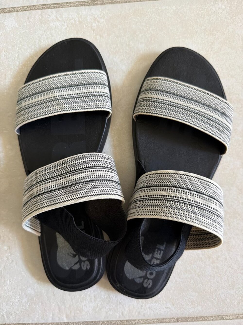 Sorel Ella Woven Strap Slide Sandals Black Cream Size 7